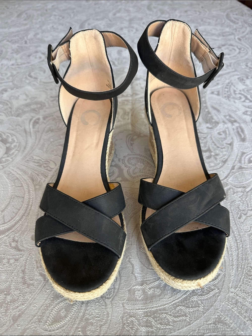 Onex Black Crisscross Ankle-Strap Espadrille Wedges
